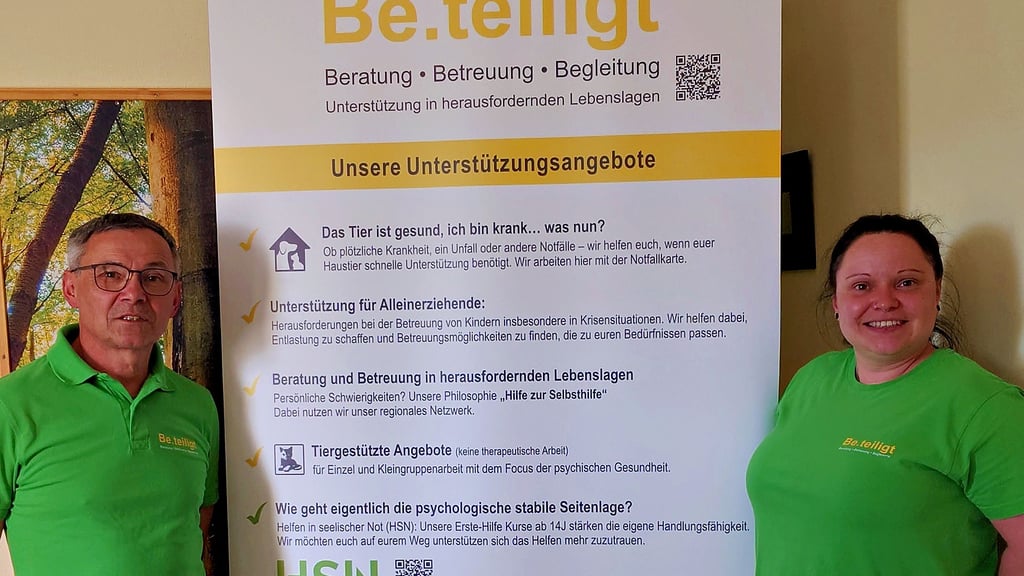 Matthias Schulze, einer der Vorsitzenden des Vereins „Be.teiligt“, und Mitglied Maren Munkelt präsentieren das Banner ihres Vereins.