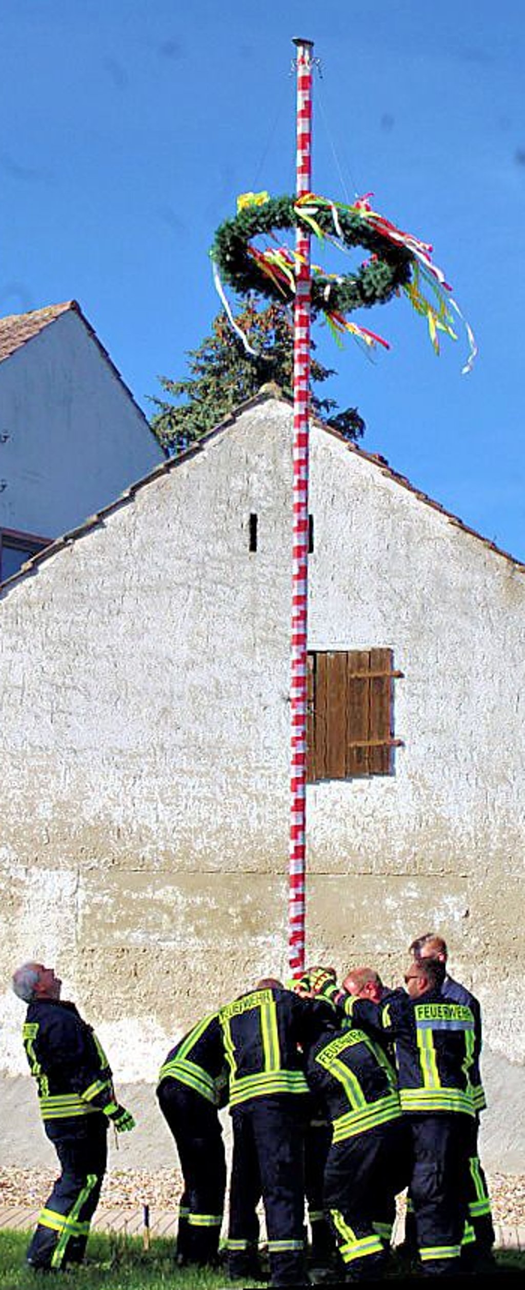Die Feuerwehr stellt den Maibaum auf.