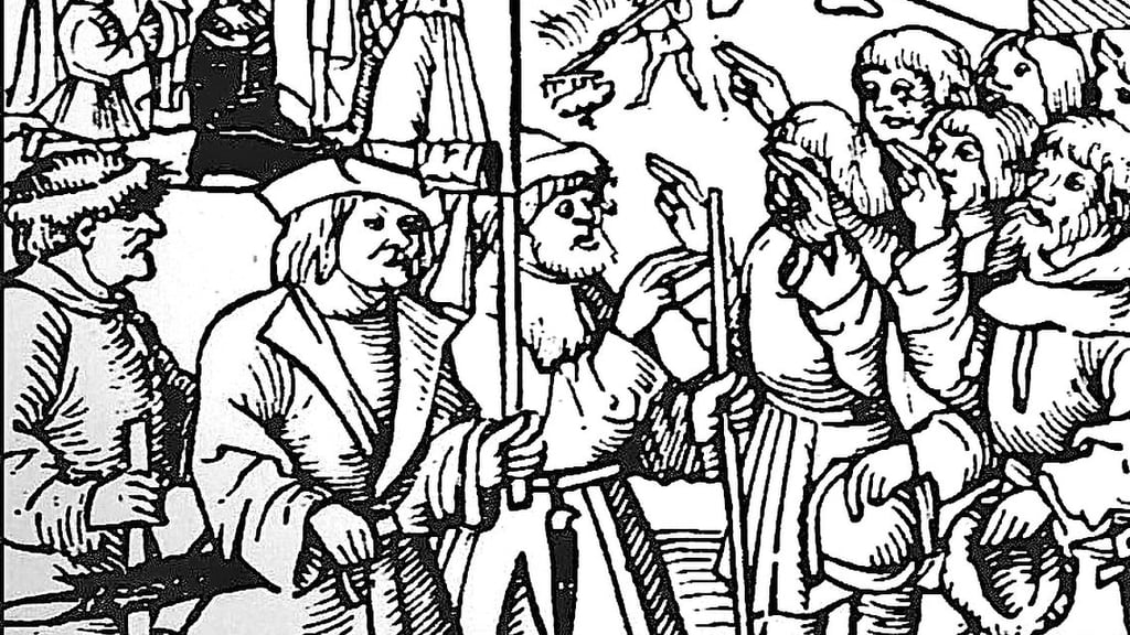Aus Anlass des 450. Jahrestages des Bauernkrieges (1524 bis 1526) fand ein Kolloquium in Staßfurt statt. Das Bild ist eine zeitgenössische Darstellung des Aufstandes der Bauern gegen die Obrigkeit.