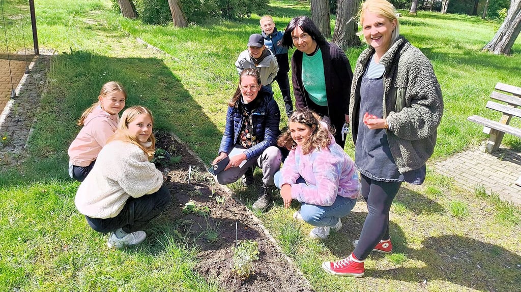 Mädchen und Jungen der Grundschule Kretzschau pflanzen im nahegelegenen Park Katzenminze, Hundskamille und Purpursonnenhut.