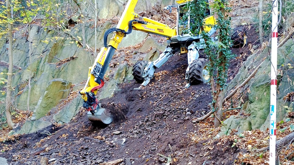 Nach dem Unwetter 2022: Ein Schreitbagger beseitigt die Überreste eines Murenabgangs im Bodetal. Starkregenereignisse sind Folgen des Klimawandels.