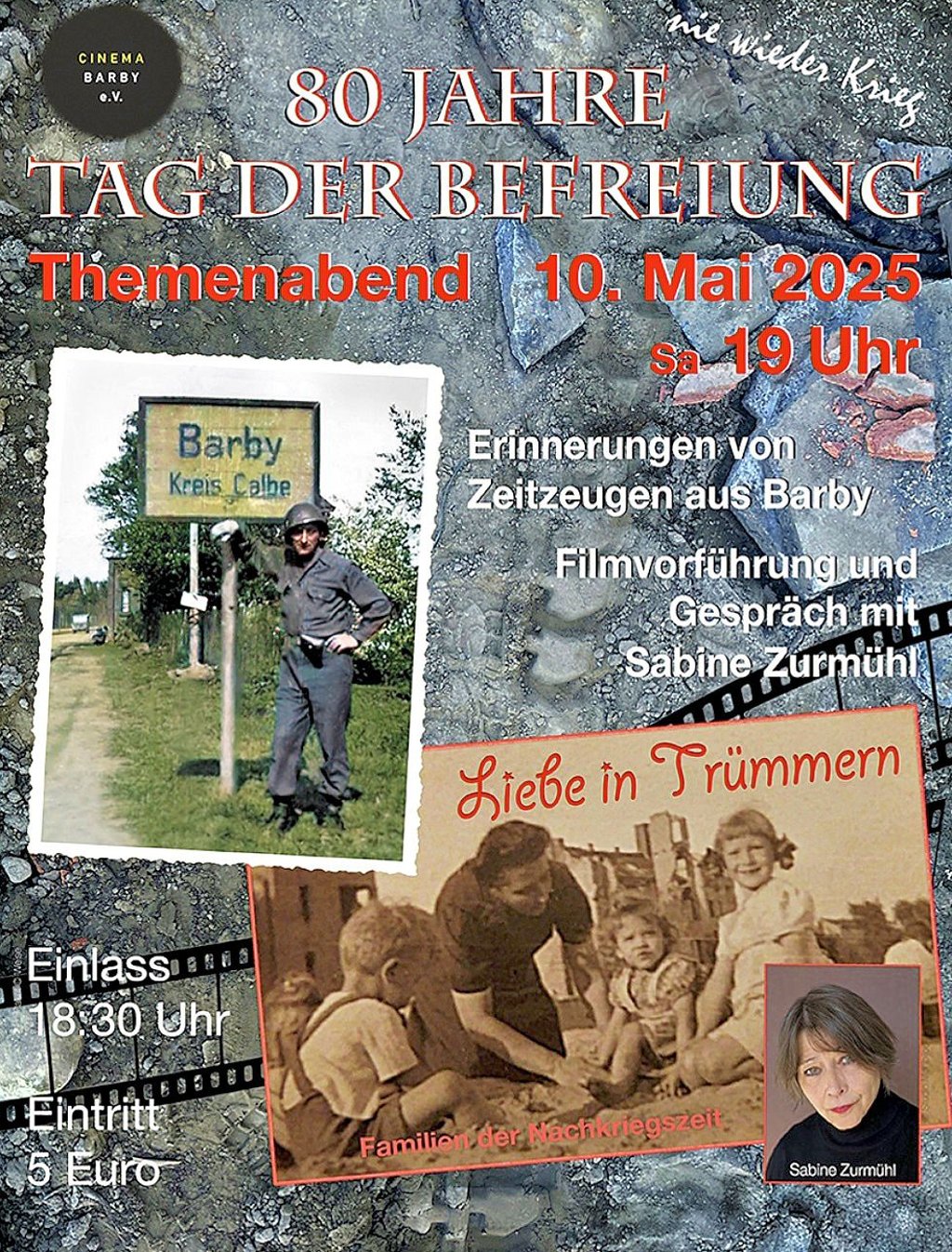 Das Plakat zum Themenabend „80 Jahre Tag der Befreiung“ im Barbyer Kino. Auch Zeitzeugen sollen zu Wort kommen.