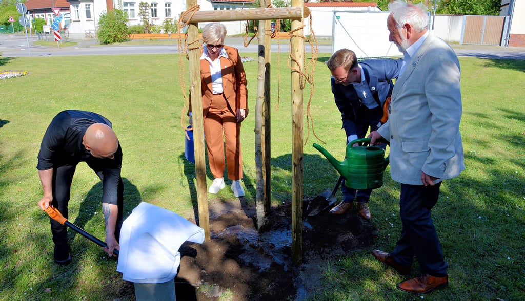 Pflanzten den Amberbaum auf dem Adolph-Frank-Platz: Milomlyns Stadtratsvorsitzender Andrzej Krzykowski (von links), Bürgermeisterin Beata Mazur, Klötzes Bürgermeister Alexander Kleine und der Stadtratsvorsitzende Klaus Ewertowski.