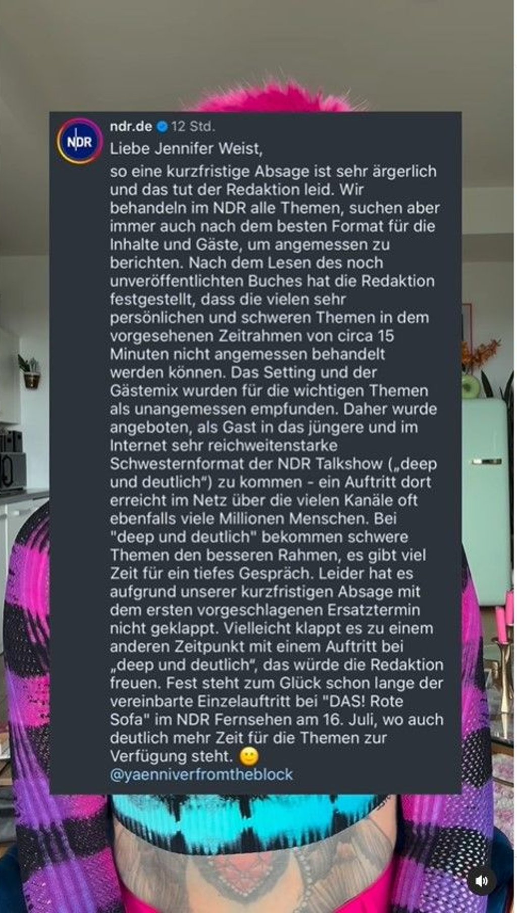 Öffentlich-rechtlicher Sender entschuldigt sich bei Jennifer Weist.