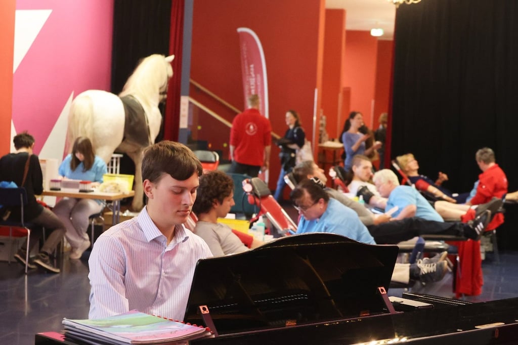 Clemens Schulz, FSJler beim Blutspendedienst des Uniklinikums Halle, begleitet die Spendenaktion im Foyer des Neuen Theaters am Klavier.
