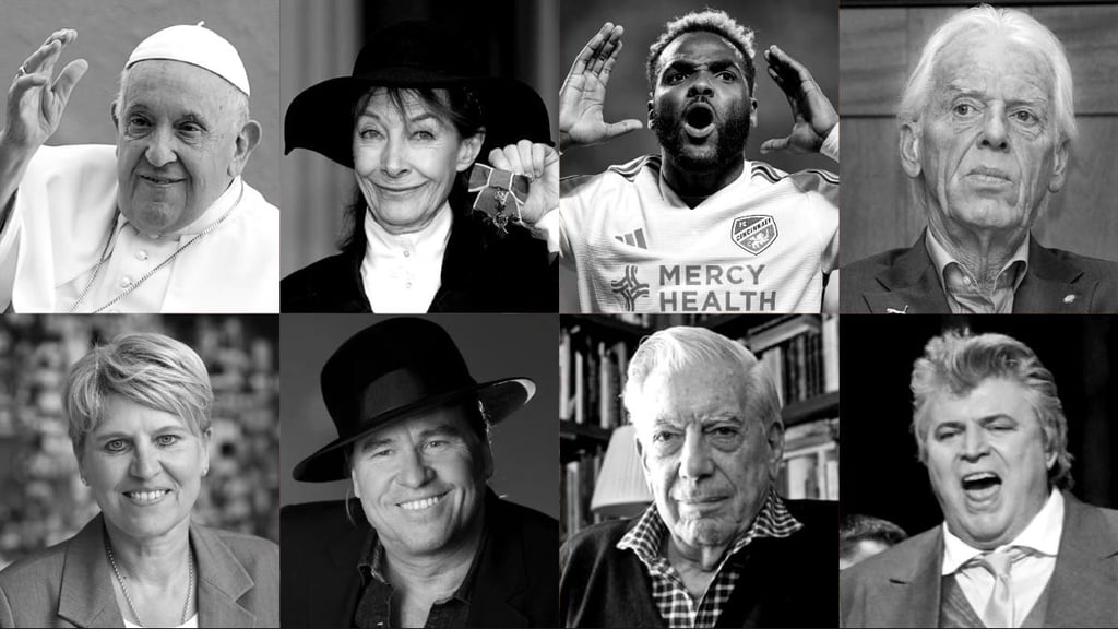 Prominente Todesfälle 2025: oben.v.l.: Papst Franziskus, Jean Marsh, Aaron Boupendza, Leo Beenhakker; unten v.l.: Doris Fitschen, Val Kilmer, Mario Vargas Llosa, Peter Seiffert;