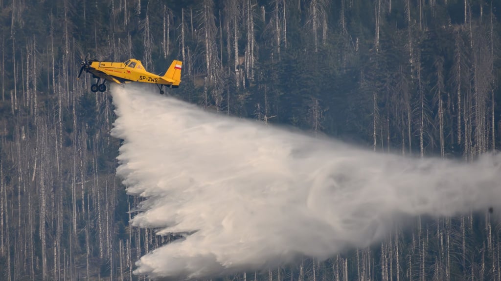 Am Kleinen Winterberg nahe Schierke wird ein Waldbrand auch aus der Luft bekämpft.