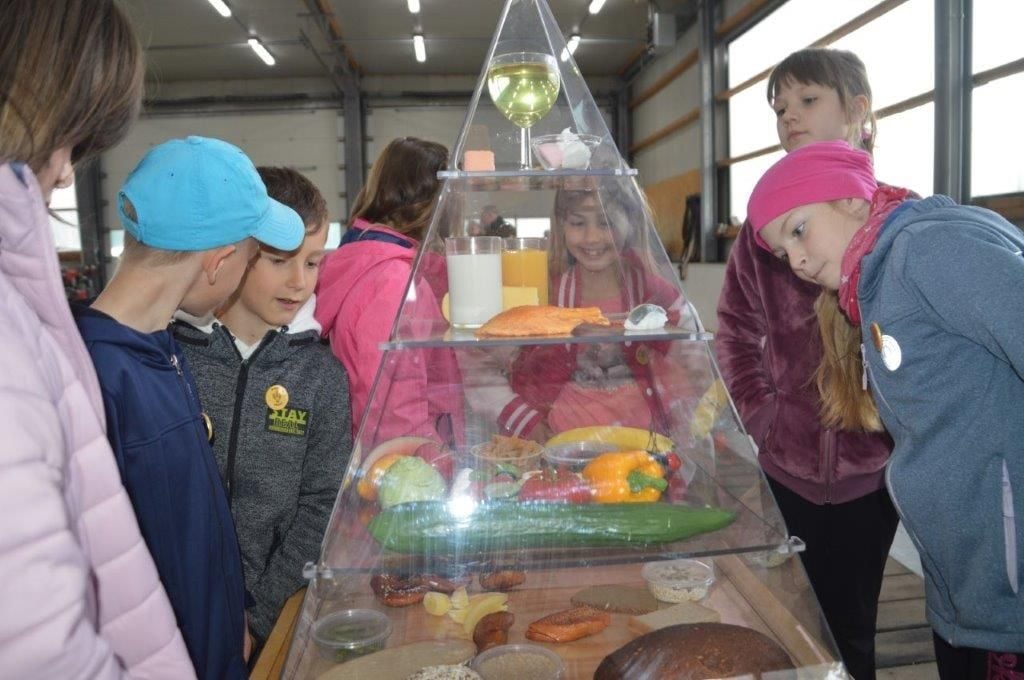 Timmenrodes Grundschüler beim Projekttag in Börnecke vor der Ernährungspyramide des Erlebnisbauernhofs.