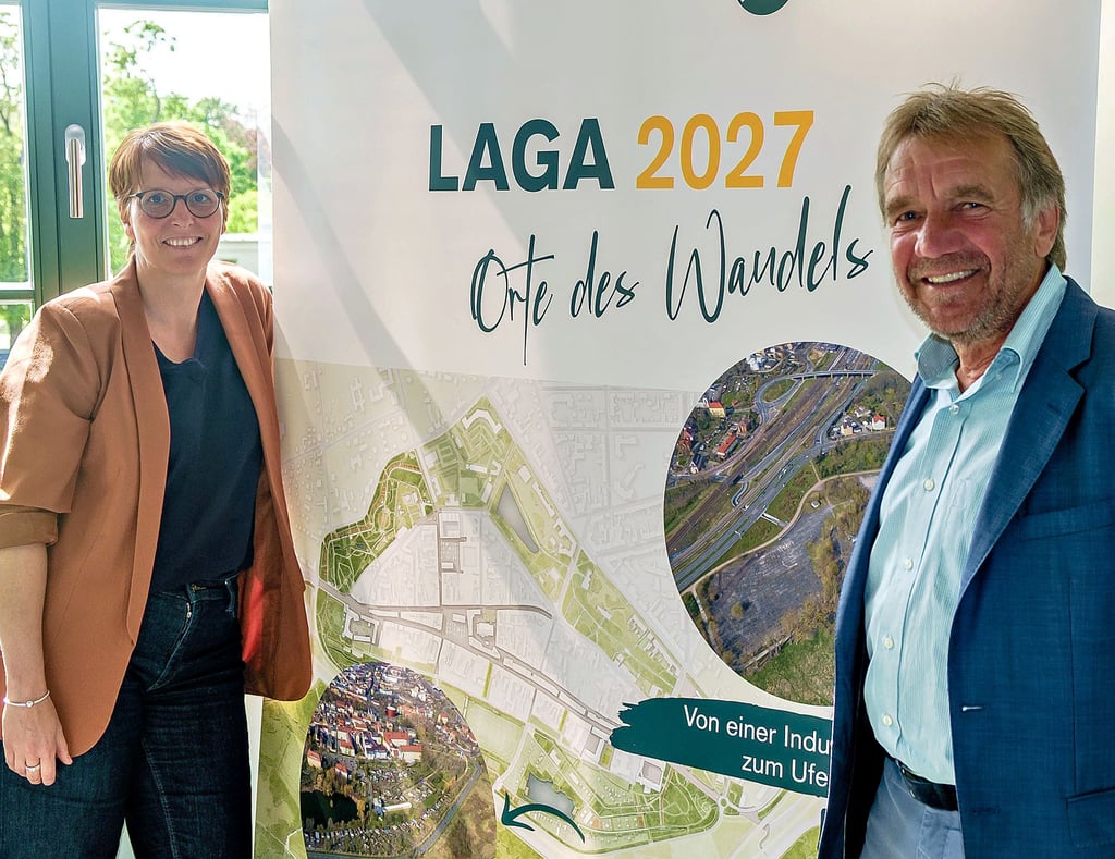 Die Laga-Geschäftsführer Sandra Stiller und Michael Steinland in den Räumen der gGmbH im K-Gebäude neben dem alten Rathaus. Das städtische Unternehmen ist mit der Vorbereitung und Durchführung der Gartenschau beauftragt.