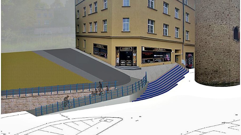 So soll die neue Radrampe am Leipziger Turm aussehen. Die bisherige Fußgängertreppe wird teilweise überbaut.