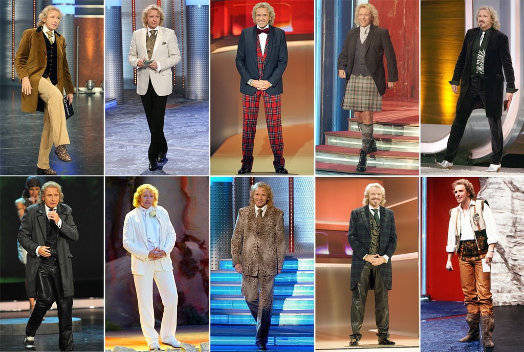 Die Bildkombo zeigt Moderator Thomas Gottschalk in verschiedenen Outfits beim Auftritt in der ZDF-Show „Wetten, dass..?“ (Archivfotos).