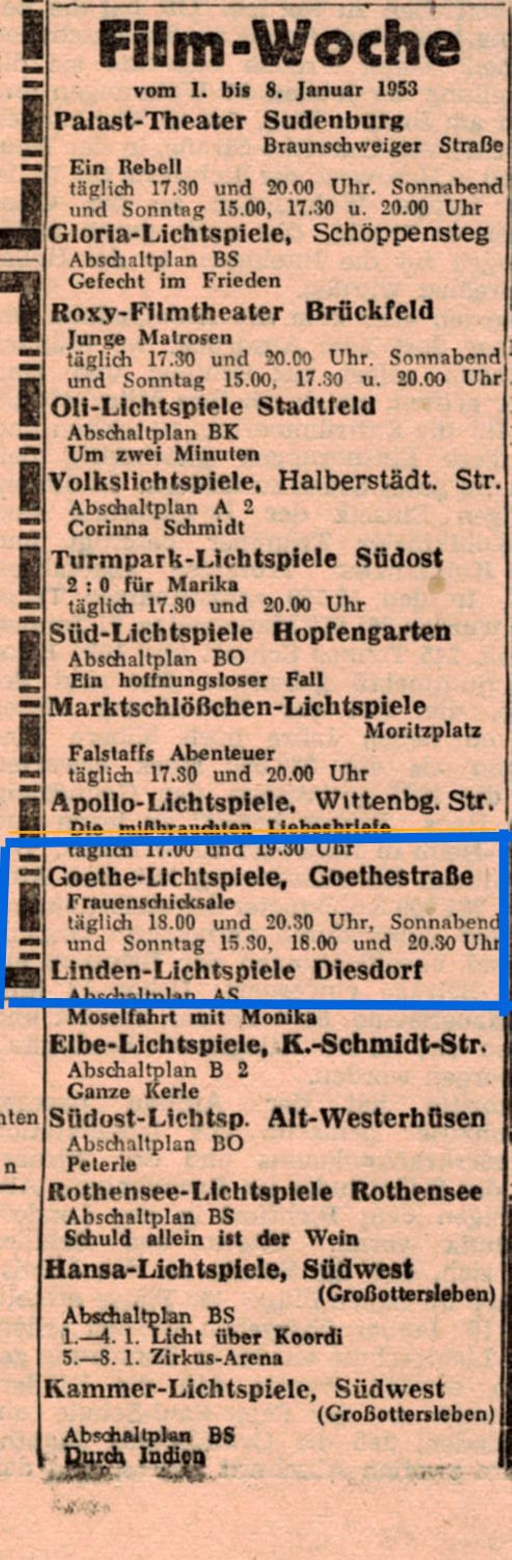Die Zeitungsannonce aus dem Jahr 1953 mit den Goethe-Lichtspielen in Magdeburg.