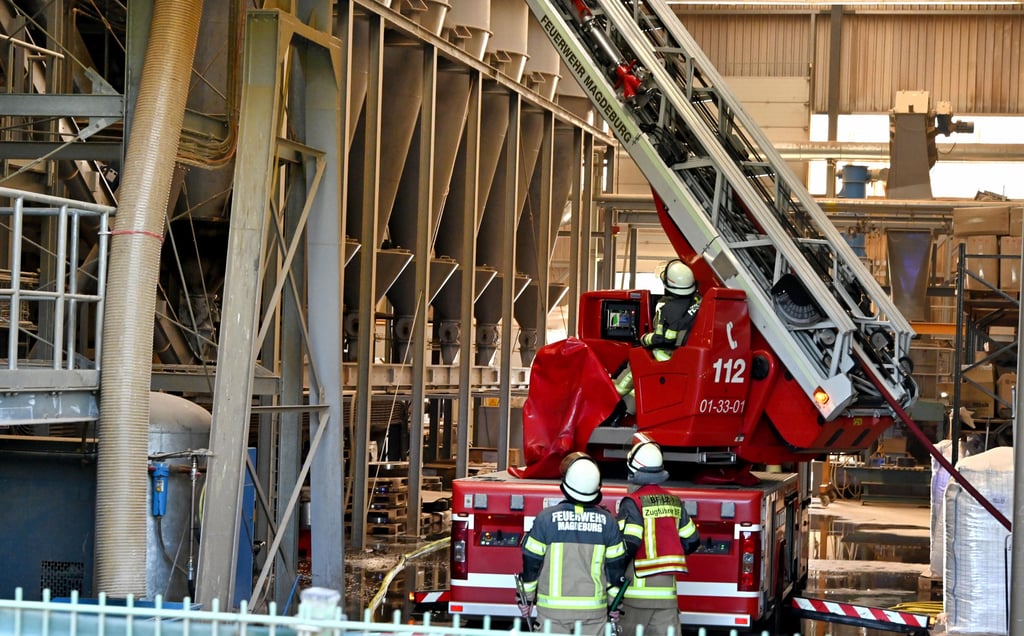 Die Feuerwehr im Einsatz im Holzpelletsbetrieb in Magdeburg.