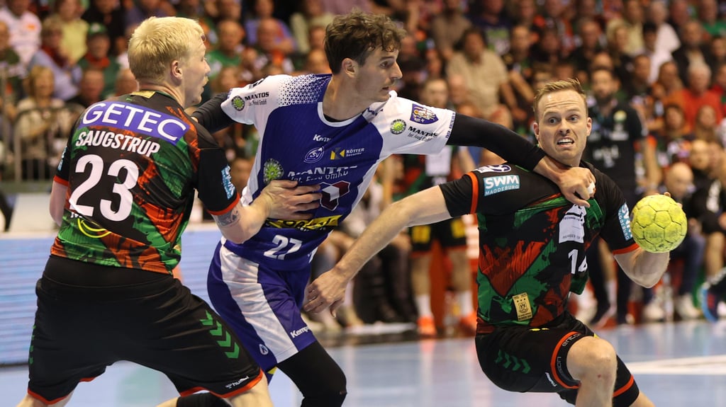 Erzielten zusammen 18 Tore: Omar Ingi Magnusson (r.) war gegen Philipp Meyer und den ThSV Eisenach zehnmal erfolgreich. Magnus Saugstrup traf achtmal.