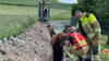 Einsatzkräfte der Feuerwehr kümmern sich um ein Pferd in einem Graben.
