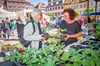 Annett Krehahn (r.) verkauft auf dem Naumburger Wochenmarkt Pflanzen an Maria Sperber. 