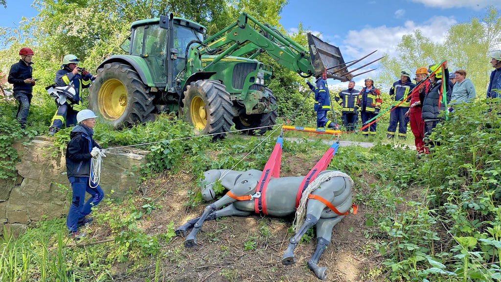 Die Befreiung aus der Böschung stellte den Abschluss des Trainings zur technischen Großtierrettung auf Gut Wilhelmsthal bei Neuenklitsche dar.