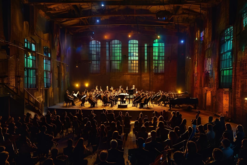 Ein großes Orchester vor historischer Industriekulisse: So wie in diesem KI-generierten Foto könnte es auch in Magdeburg aussehen.