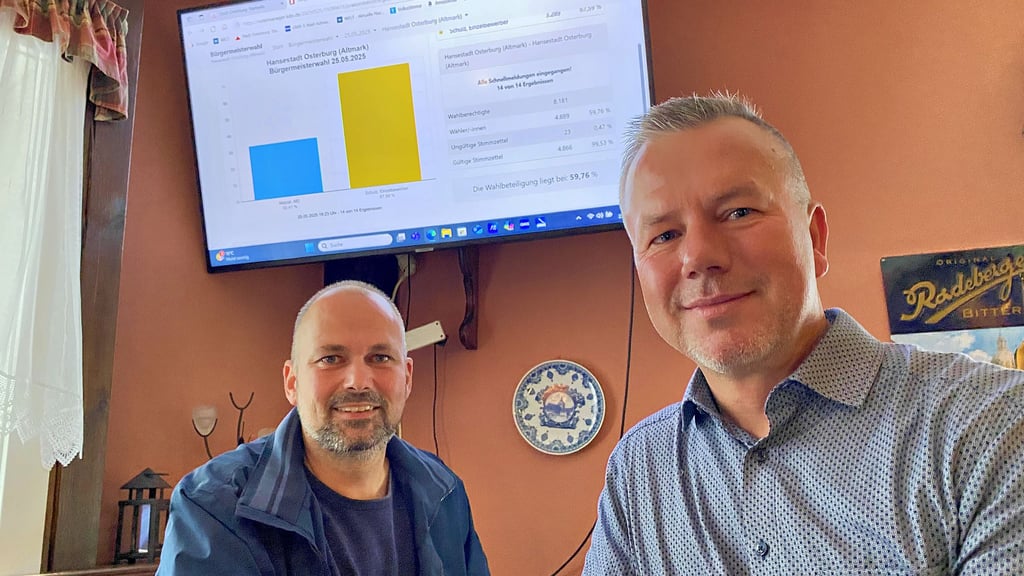 Osterburgs neuer und alter Bürgermeister Nico Schulz (rechts) mit seinem laut eigenen Aussagen „größten Unterstützer“ Michael Handtke von den Freien Stadträten. Im Hintergrund das Wahlergebnis.