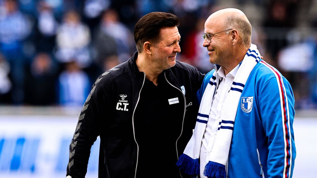 Cheftrainer und Präsident vom 1. FC Magdeburg: Christian Titz (li.) und Jörg Biastoch.
