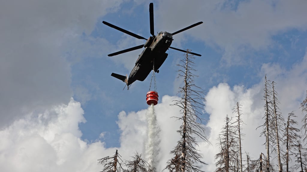 Die Bundeswehr half beim großen Waldbrand im Nationalpark Harz im September 2024 unter anderem mit Hubschraubern und Löschbehältern.
