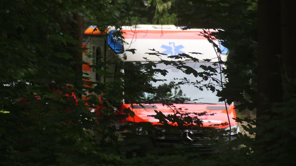 Ein Krankenwagen ist nach einem Leichenfund in einem Park in Halle im Einsatz.