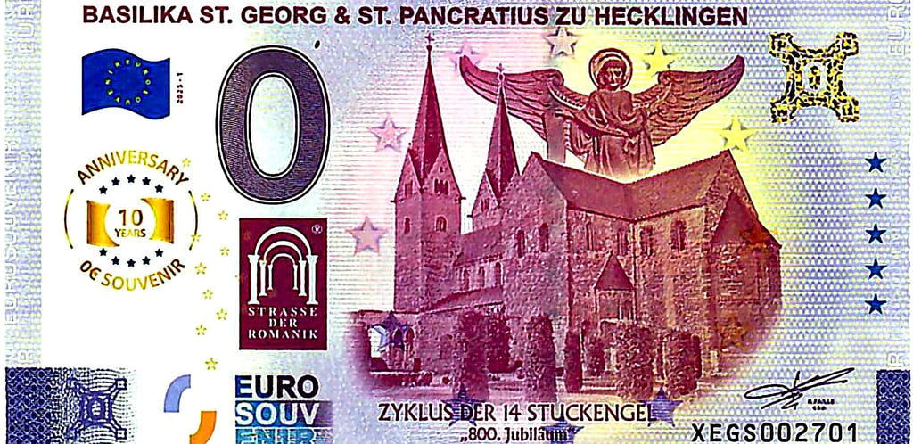 Erstmals gibt es einen 0-Euro-Souvenirschein mit einem Hecklinger Motiv. Passend zum Engel-Jubiläum, auf das der Schein hinweist, zeigt er die romanische Basilika und einen Teil ihrer bedeutendsten Kunstwerke.
