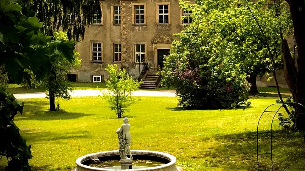 Das Gutshaus des Ritterguts Cattenstedt mit dem Gutspark. Es liegt hinter dicken Mauern versteckt direkt an der Bundesstraße 81 - kurz vor der Ortseinfahrt nach Cattenstedt aus Richtung Blankenburg.