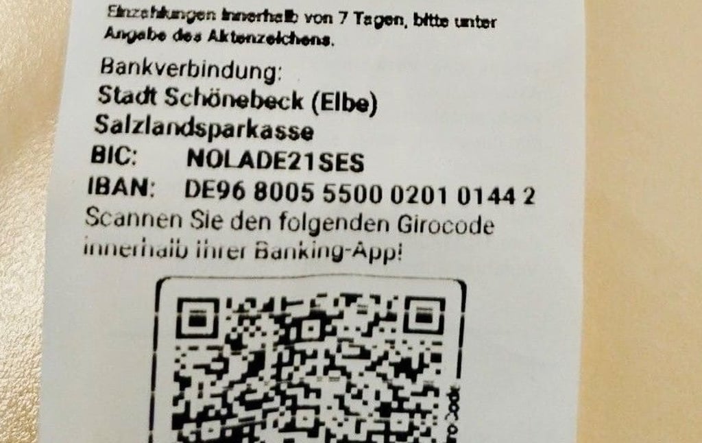 Das Knöllchen der Leserin: Die Bankleitzahl ist unvollständig, der QR-Code aber korrekt.