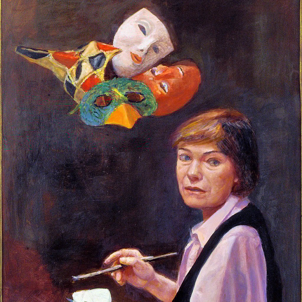 Gudrun Brüne: „Selbstbildnis mit Masken und Pinsel“ (Ausschnitt)