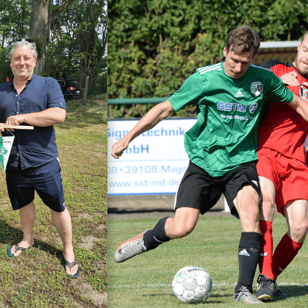 Symbolischer Moment nach dem 4:0 gegen Loburg (linkes Bild): Thomas Dietert (l.) übergibt den Vereinswimpel an seinen Nachfolger Torsten Reczek, der Staffelstab ist weitergereicht. Rechtes Bild: Spielertrainer Dietert (l.) in seinem Element und engagiert bis zum Schluss.