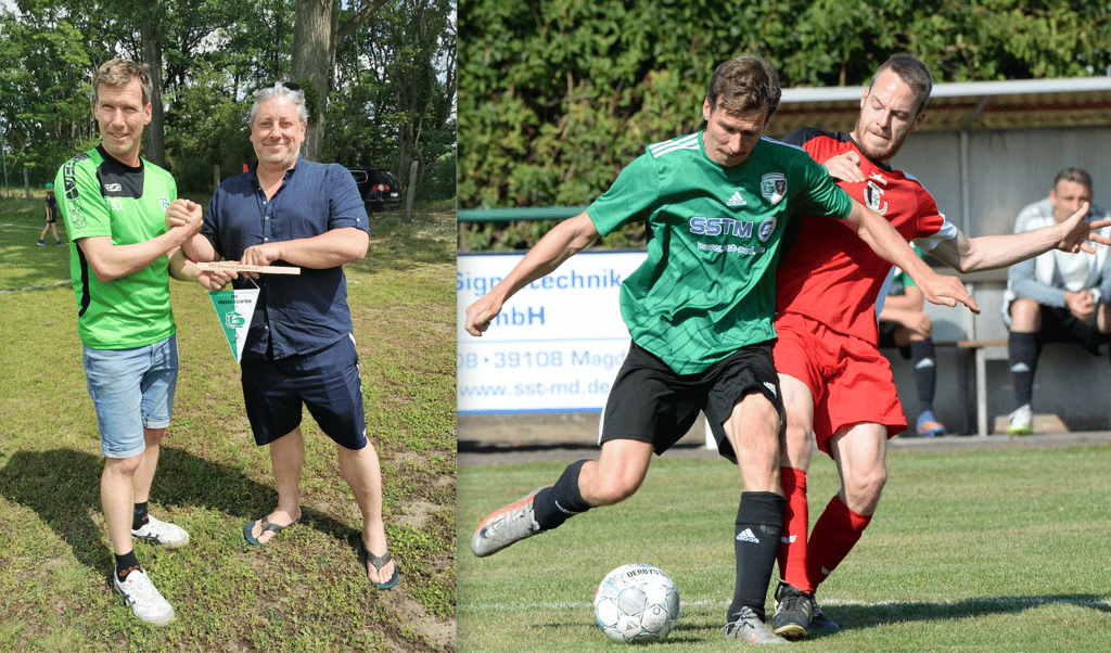Symbolischer Moment nach dem 4:0 gegen Loburg (linkes Bild): Thomas Dietert (l.) übergibt den Vereinswimpel an seinen Nachfolger Torsten Reczek, der Staffelstab ist weitergereicht. Rechtes Bild: Spielertrainer Dietert (l.) in seinem Element und engagiert bis zum Schluss.