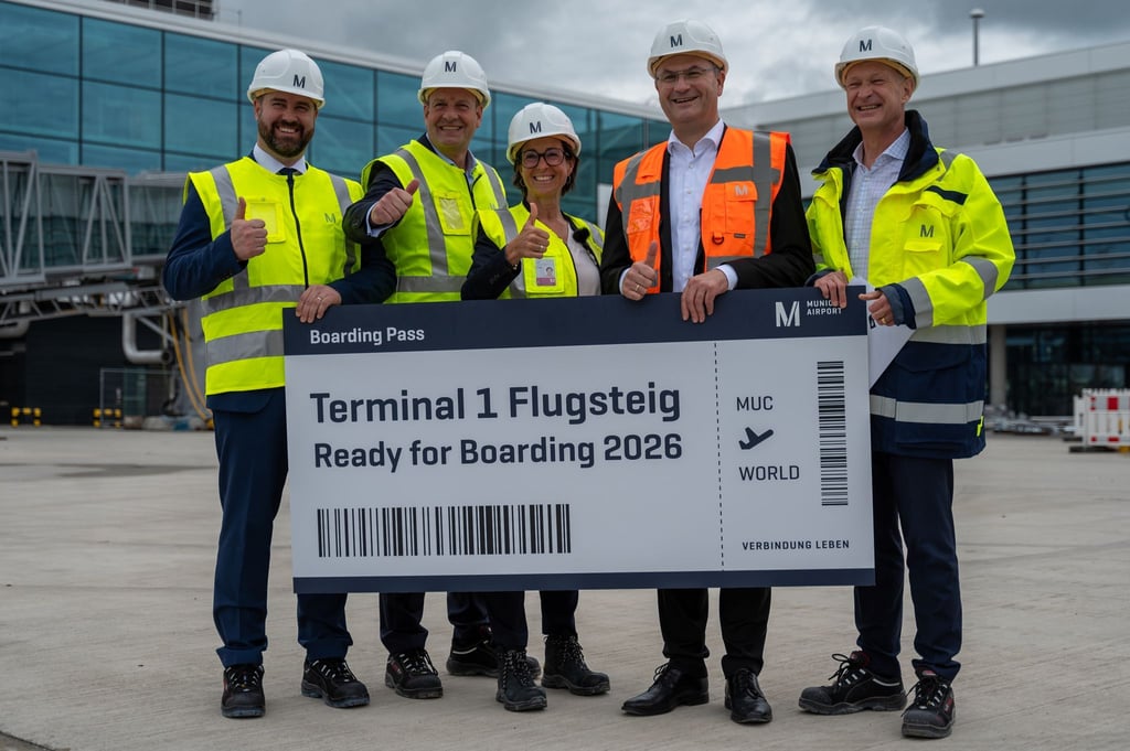 Sechs Millionen Passagiere im Jahr entsprechen etwa den Fluggastzahlen des Flughafens Hannover, wie Finanzminister Albert Füracker (in orange) sagt