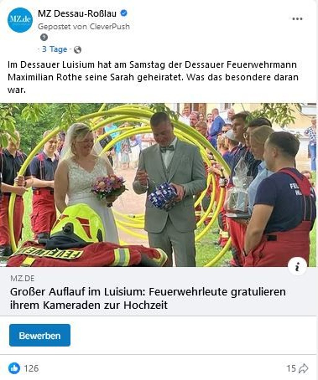 Der Facebook-Post zur Feuerwehr-Hochzeit im Dessauer Luisium.