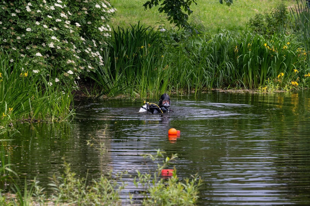 Nach einem Raubmord in Berlin-Reinickendorf sucht die Polizei mit Tauchern einen Teich ab.