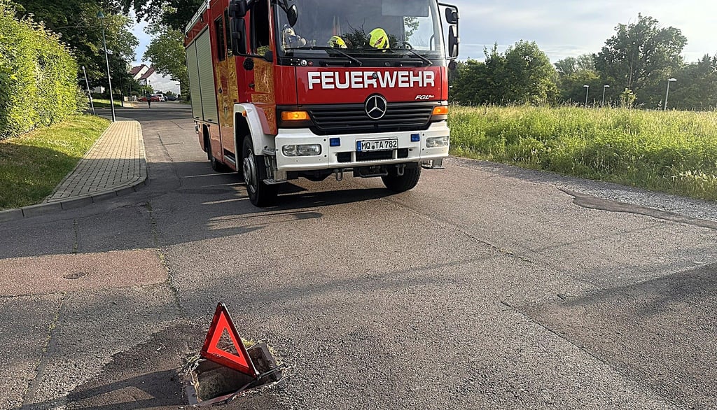 Ein aufmerksamer Schkopauer hatte das Loch mit dem fehlenden Gullydeckel mit einem Warndreieck abgesichert.
