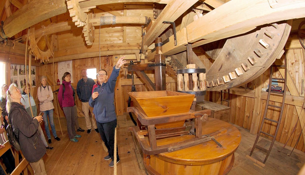 Bei den  Führungen durch die  Bockwindmühle  gibt  Anna Seidel (rechts) gern ihr Fachwissen  an die Besucher des Festes weiter.