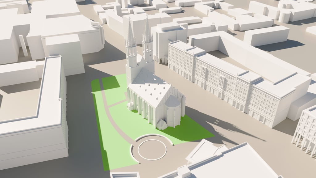 Blick auf die Ulrichskirche nach einem möglichen Wiederaufbau und ihr Position auf dem Ulrichsplatz.