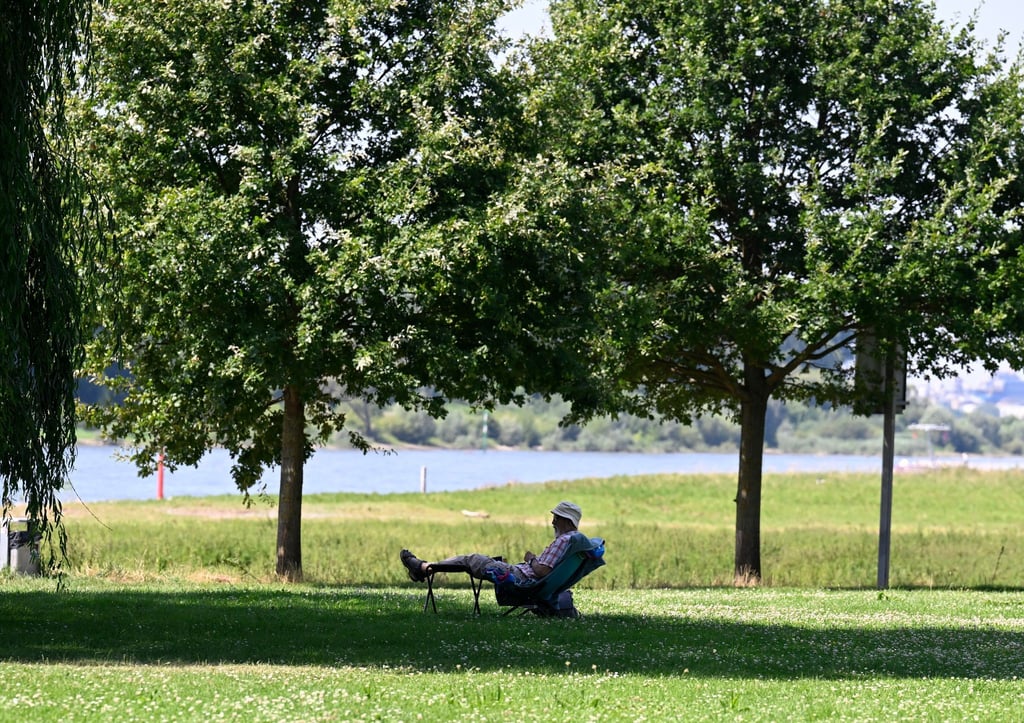 Ein Mann hat sich ein schattiges Plätzchen am Ufer des Rheins in Leverkusen gesucht. (Archivbild)