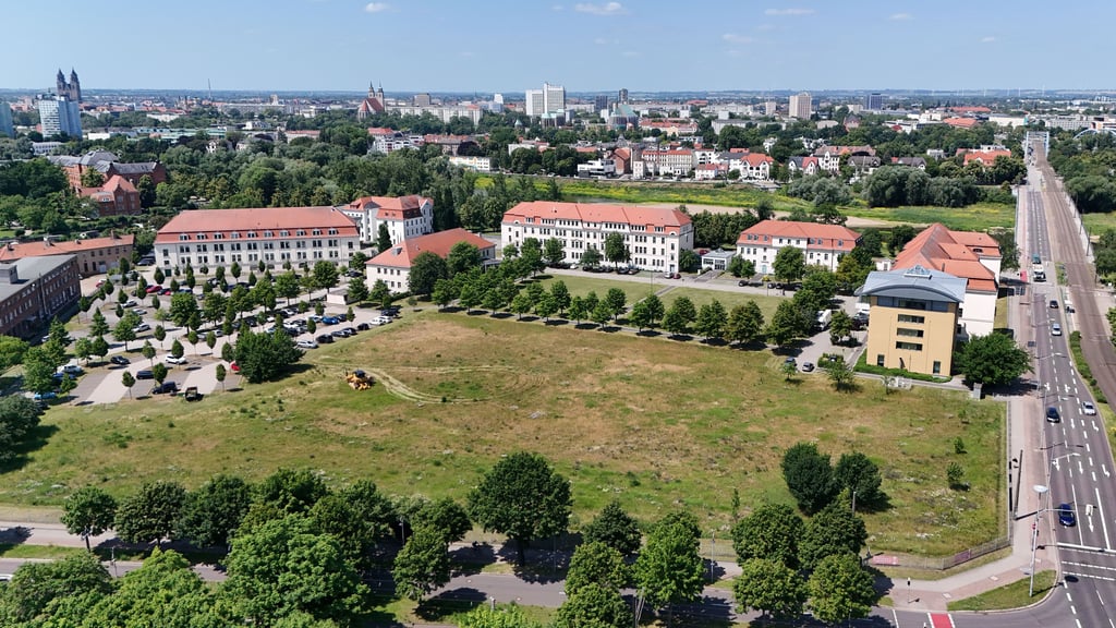 Auf dieser Grünfläche in Magdeburg soll das temporäre Prozessgebäude aufgebaut werden.