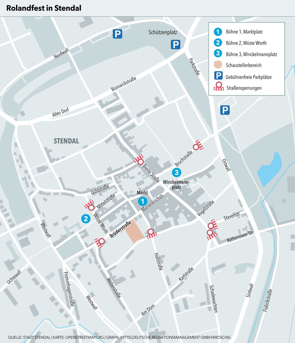 Ein Blick aufs Festgebiet für das Rolandfest in Stendal samt Straßensperren, Parkplätzen und Bühnen.
