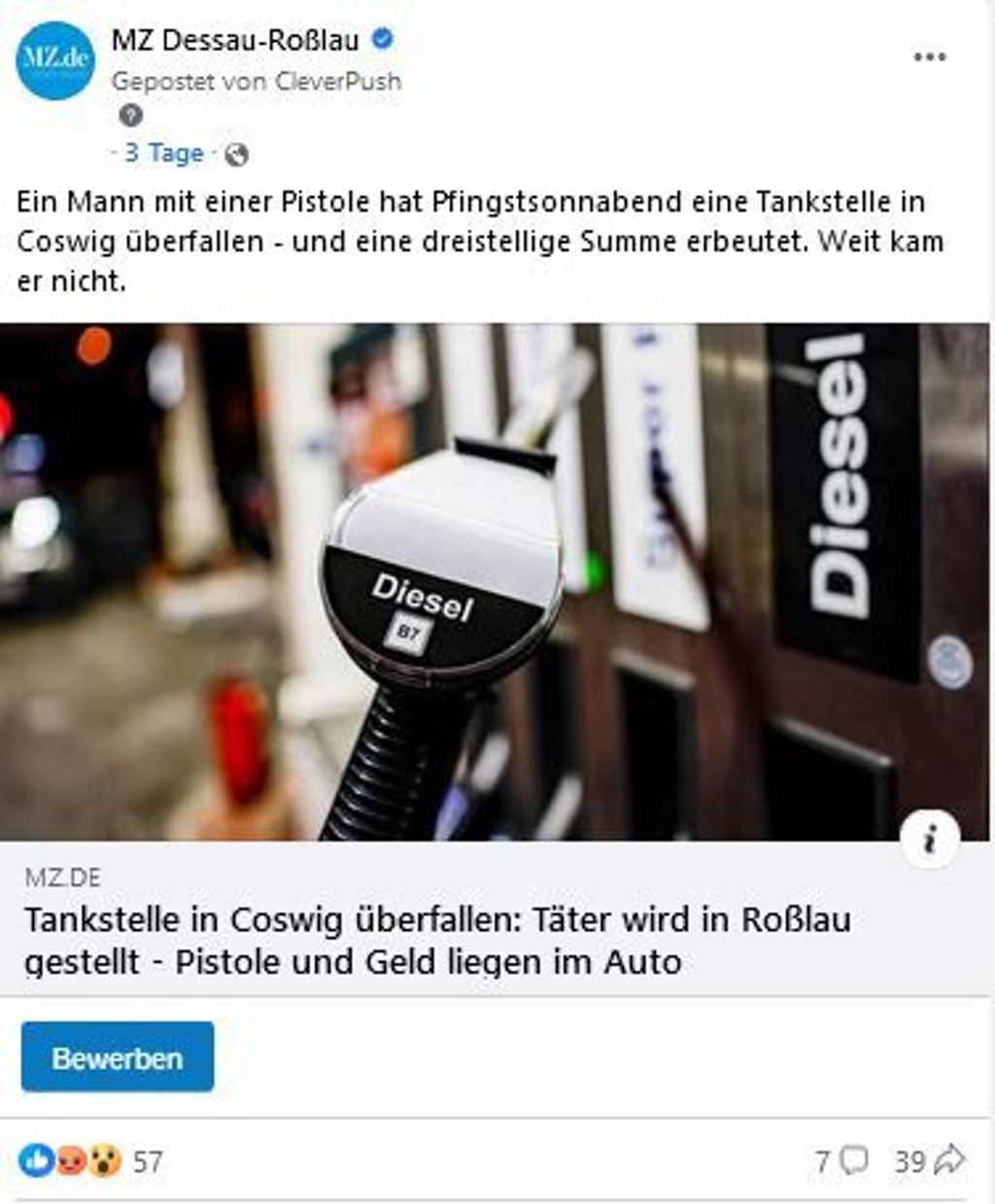 Der Facebook-Post zum Raub in Coswig.