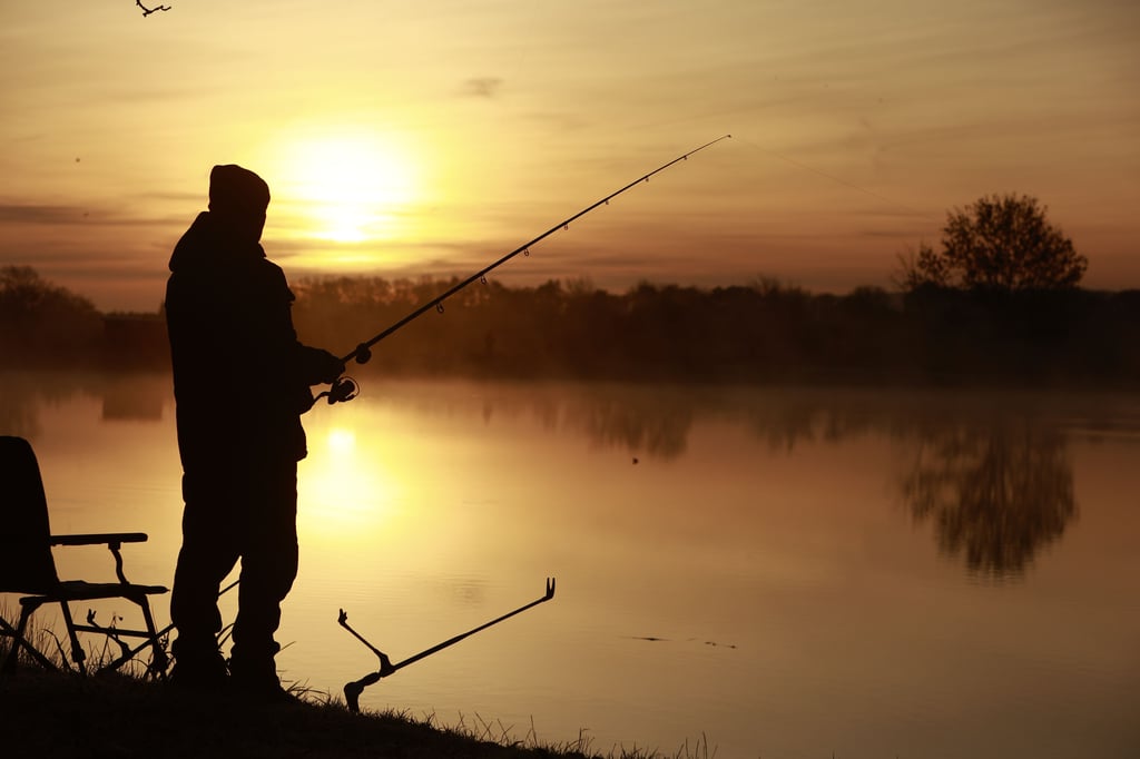 Ein Angler steht am frühen Morgen im Licht der aufgehenden Sonne an einem See. Gebrauchtes Angelzubehör gibt am Sonnabend beim Flohmarkt in Weißenfels zu kaufen (Symbolfoto).