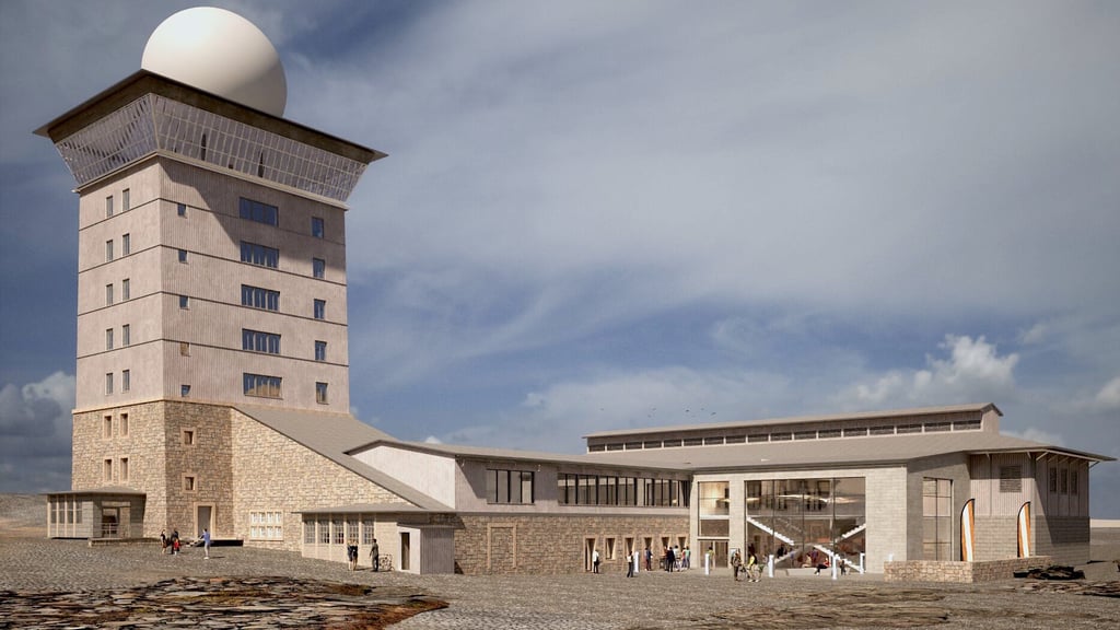 So soll das Gebäudeensemble auf der Brockenkuppe mal aussehen: Links das Brockenhotel samt Goethe- und Touristensaal, rechts Veranstaltungsräume im einstigen Technikgebäude der Telekom, dazwischen ein Neubau für den Empfang.