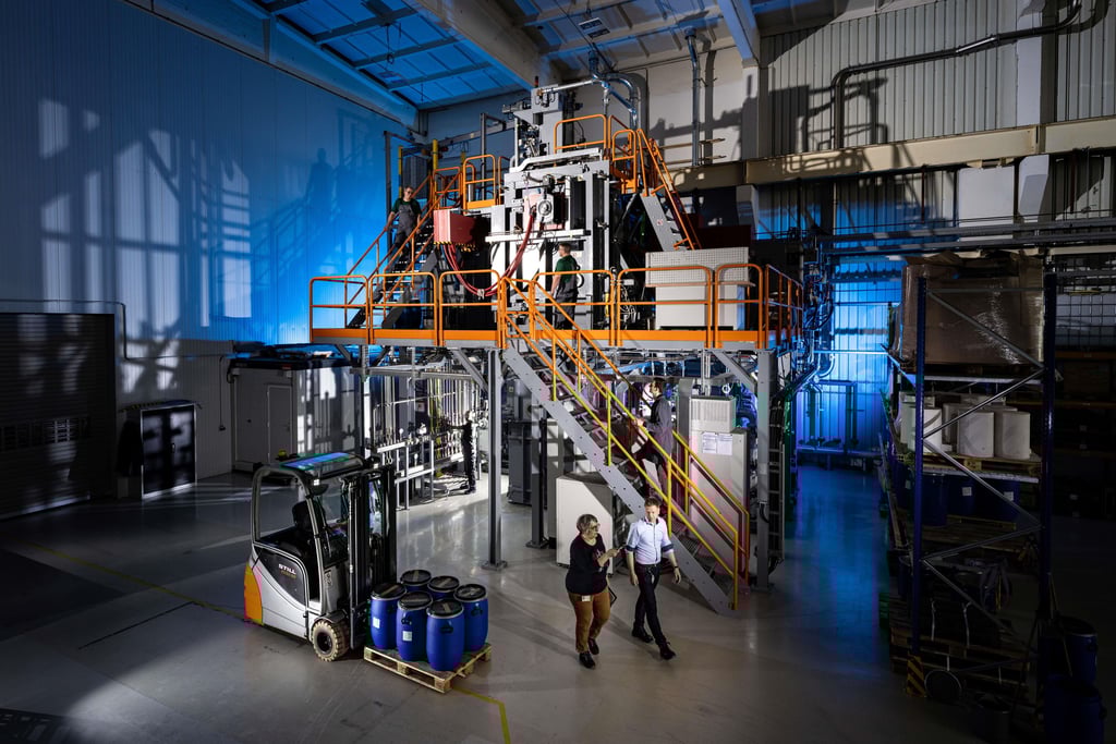 Mitarbeiter arbeiten in der Recycling-Anlage in Bitterfeld.  Auf dem Gabelstapler stehen die  Materialfässer.  