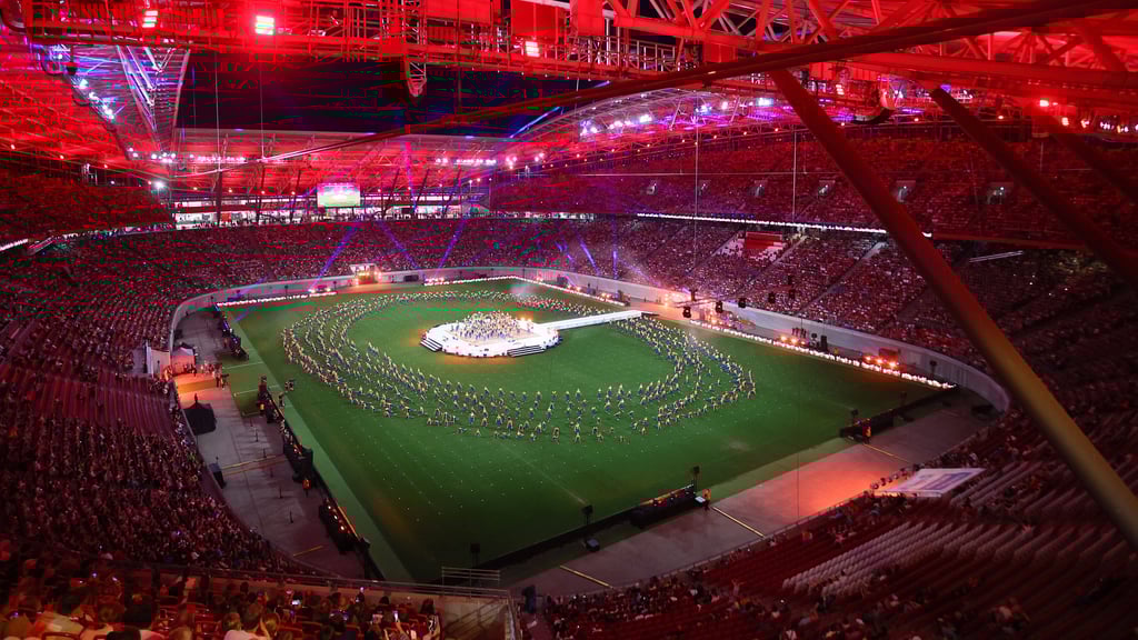 Die Abschlussfeier des Deutschen Turn- und Sportfestes in der RB-Arena, in der auch Spiele der Frauen-Fußball-EM stattfinden sollen.