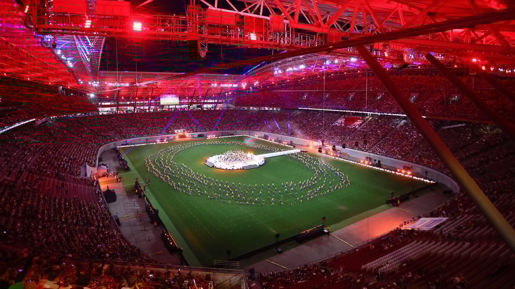 Die Abschlussfeier des Deutschen Turn- und Sportfestes in der RB-Arena, in der auch Spiele der Frauen-Fußball-EM stattfinden sollen.