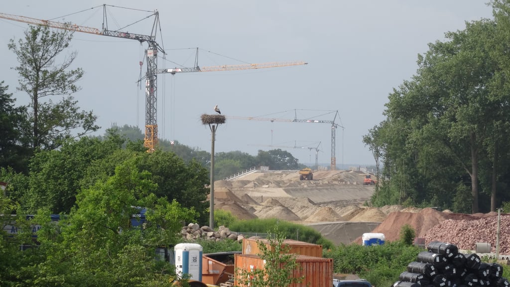 Seit mehr als zehn Jahren wird dieses Storchennest in Märsche (Geestgottberg) kurz vor der Elbbrücke nach Wittenberge besetzt. Daran ändert bislang auch die A14-Großbaustellle drumherum nichts.