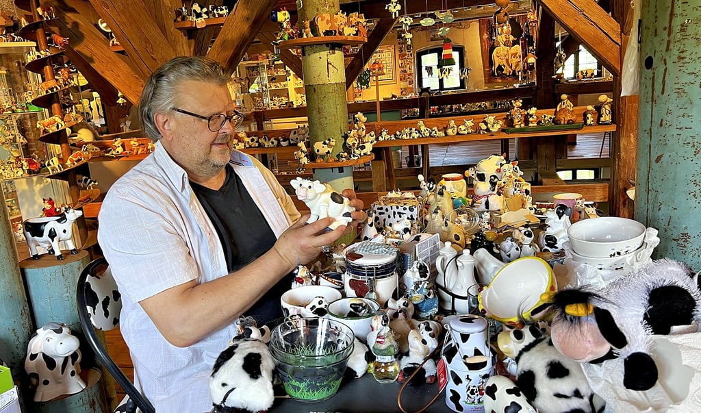 Gerhard Faller-Walzer sichtet eine private Sammlung, welche das Muuuhseum vor kurzem erhalten hatte. Doppelte Stücke kann man im Museumsshop erwerben.
