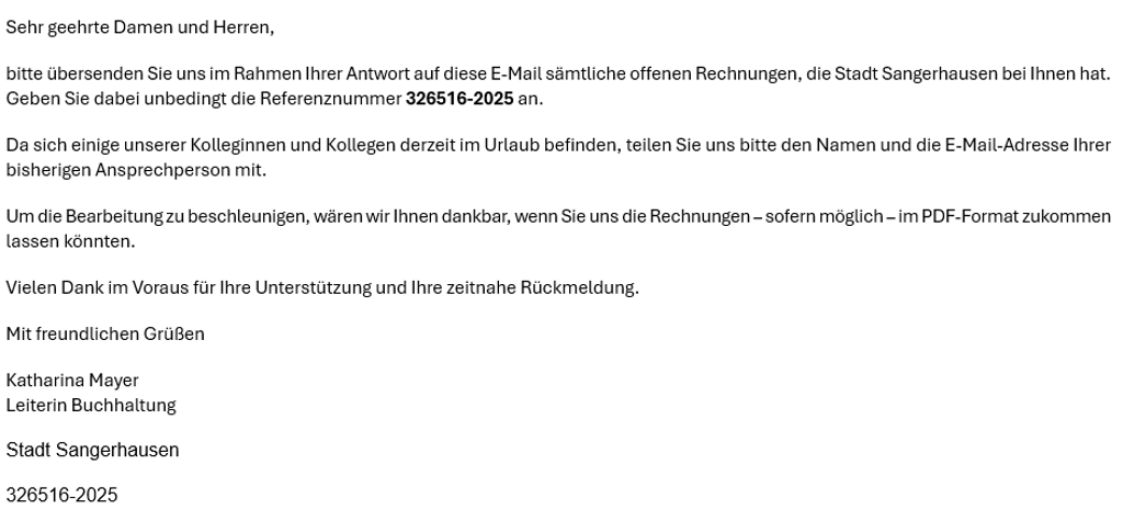 So oder ähnlich sehen die gefälschten E-Mails aus. Die Stadt sagt, Empfänger sollten nicht darauf reagieren.